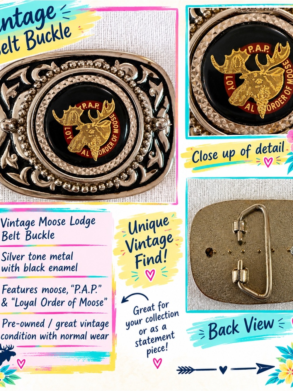 Vintage P.A.P. Loyal Order of Moose Western Silver-Tone Belt Buckle
